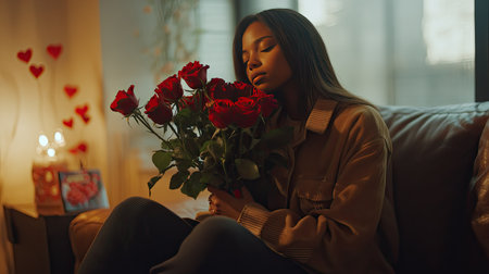 A woman in casual attire holding a bouquet of red roses, enjoying a quiet Valentine's Day moment at homeの素材