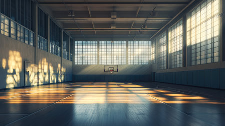 A wide view of an empty school gym with a basketball court, bright natural light pouring in from large windowsの素材