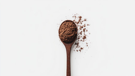 A wooden spoon filled with rich cocoa powder, isolated on a clean white background with no distractions.の素材