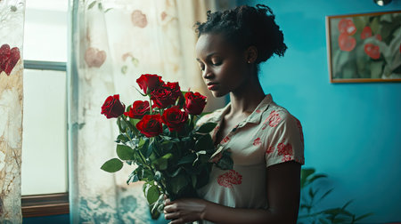 A woman in casual attire holding a bouquet of red roses, enjoying a quiet Valentine's Day moment at homeの素材