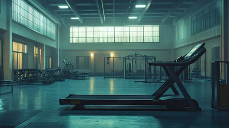 A wide shot of a gym with an empty treadmill in the foreground, highlighting the gym's high ceilings and bright lighting.の素材
