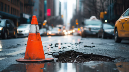 Bright orange traffic cone placed in front of a large pothole on a busy urban streetの素材