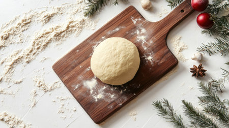 A wooden cutting board holding a smooth pizza dough ball, surrounded by light flour markings, isolated on white.の素材
