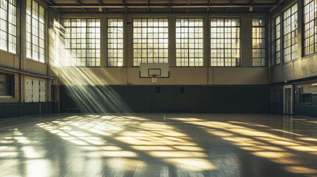 A wide view of an empty school gym with a basketball court, bright natural light pouring in from large windowsの素材