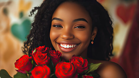 A young woman smiling brightly as she holds a beautiful bouquet of red roses, celebrating Valentine's Dayの素材