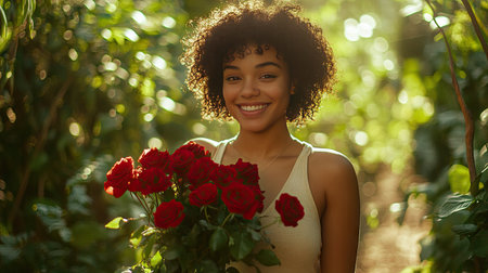 A young woman walking through a garden, smiling as she holds a bouquet of freshly picked red rosesの素材