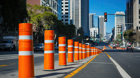 Bright orange traffic poles and striped plastic tubes marking a lane diversion on a city streetの素材
