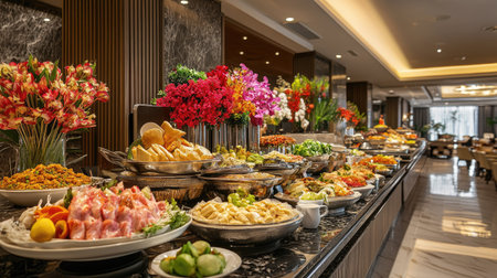 Open buffet line with international cuisine options, including Chinese, Italian, and Indian dishesの素材