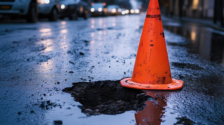Bright orange traffic cone placed in front of a large pothole on a busy urban streetの素材