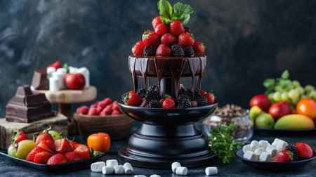 Elegant buffet setup with a chocolate fondue fountain surrounded by fruits and marshmallowsの素材
