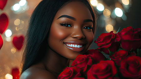 A young woman smiling brightly as she holds a beautiful bouquet of red roses, celebrating Valentine's Dayの素材