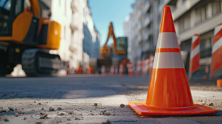 Orange traffic cone in front of a construction barrier with warning signs and machineryの素材