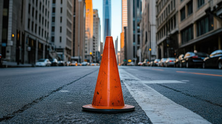 Orange traffic cone on an empty city road, with towering skyscrapers in the backgroundの素材