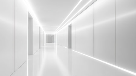 A futuristic hallway with smooth white surfaces, strip lighting along the ceiling, and a distant, glowing exitの素材