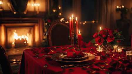 A romantic dinner setup with a red tablecloth, roses, and flickering candles, perfect for Valentine's Dayの素材