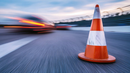 Traffic cone on a racetrack, with a blurred motion of cars speeding past in the backgroundの素材