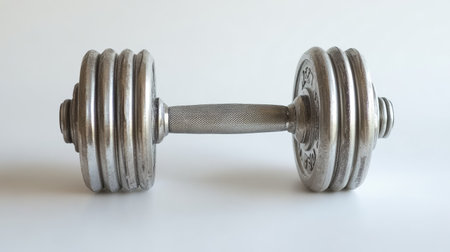 A steel dumbbell with a matte finish, centered in the frame, with soft lighting and a white background that makes it pop.の素材