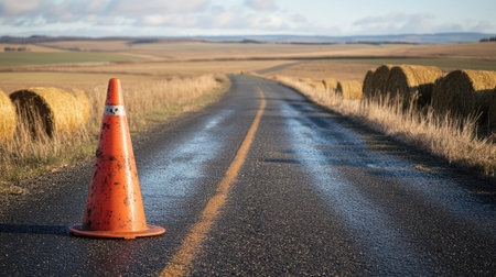 Single traffic cone on a rural two-lane road, with hay bales and farmland in the distanceの素材