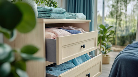 A trendy chest of drawers in a cozy room, with half-open drawers revealing soft, pastel-colored clothes.の素材