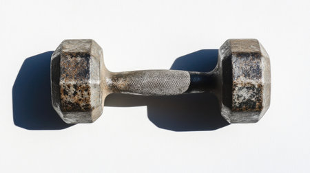 A steel dumbbell lying flat, isolated on a bright white background, with subtle shadows enhancing its shape.の素材