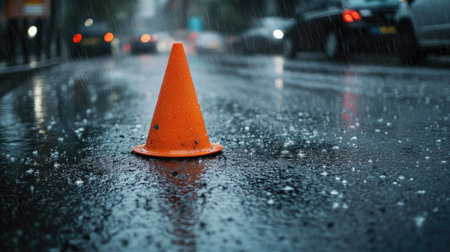 Orange traffic cone placed on a wet asphalt road during a rainy day, with raindrops visible on the surfaceの素材