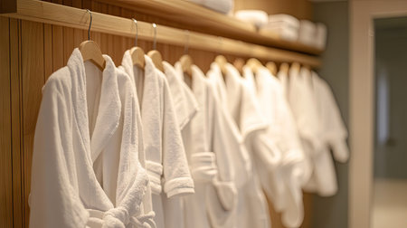 A spa locker room featuring multiple white bathrobes hanging on neatly arranged wooden pegs.の素材
