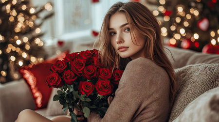 A young woman sitting on a couch with a bouquet of red roses, surrounded by Valentine's decorationsの素材