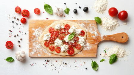 A wooden cutting board featuring fresh pizza dough, flour scattered around, and isolated on a bright white background.の素材