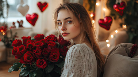 A young woman sitting on a couch with a bouquet of red roses, surrounded by Valentine's decorationsの素材
