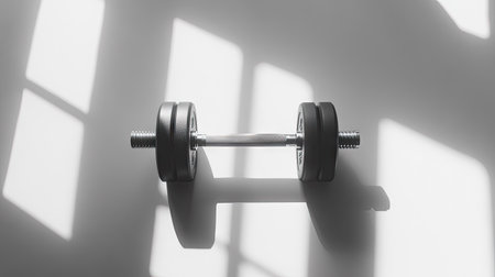 A steel dumbbell with a matte finish, centered in the frame, with soft lighting and a white background that makes it pop.の素材