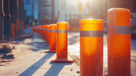 A sunny construction site with orange traffic poles and plastic tubes forming a safety barrierの素材