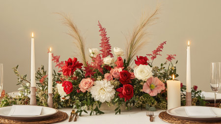 A Valentine's dinner table with a glowing centerpiece, featuring a combination of candles and fresh flowersの素材