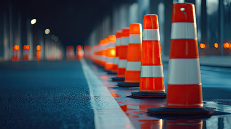 A work zone on a highway, marked with orange traffic poles and red and white plastic tubes for safetyの素材