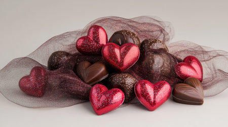 A Valentine's chocolate candy gift set arranged with small decorative hearts and wrapped in sheer fabricの素材