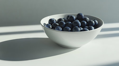A white porcelain bowl filled with blueberries, casting a soft shadow on a white surface.の素材