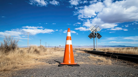 A traffic cone standing tall on a sunny day near a railroad crossing with tracks visibleの素材
