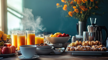 A vibrant breakfast buffet with cereals, pastries, fresh juice, and steaming coffee urnsの素材