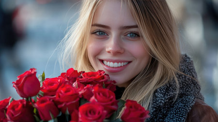 A young woman smiling brightly as she holds a beautiful bouquet of red roses, celebrating Valentine's Dayの素材
