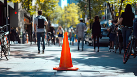 A vibrant orange cone on a pedestrian walkway, with people walking and bicycles passing byの素材