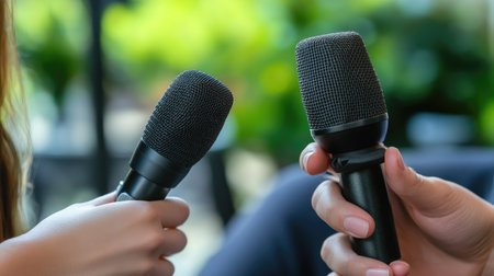 An interviewee's hands gently holding a microphone, set against a neutral soft-focus backdrop.の素材