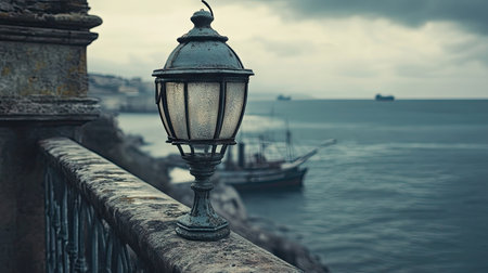 Aged lantern resting on a balustrade, with the salty sea breeze and distant ships in the background.の素材