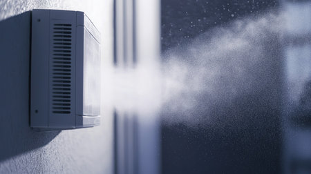 A close-up view of a white air conditioning unit releasing cold air, offering relief on a hot day.の素材