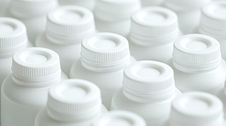 A close-up of white plastic bottles stacked, showing the simplicity of their design and readiness for filling.の素材