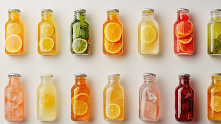 A collection of bottles filled with vibrant drinks such as fruit juices, lemonades, and sodas, placed on a clean white background.の素材