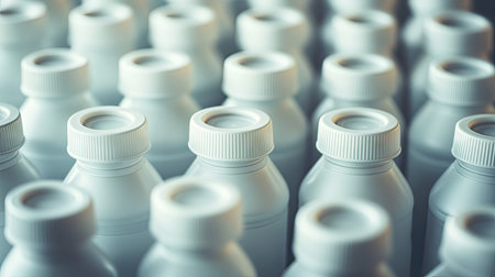 A collection of empty white plastic bottles, with their caps off, ready to be filled with products or liquids.の素材