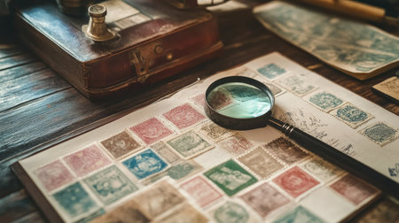 A collector's table with vintage stamps, a magnifying glass, and a logbook for detailed analysis.の素材