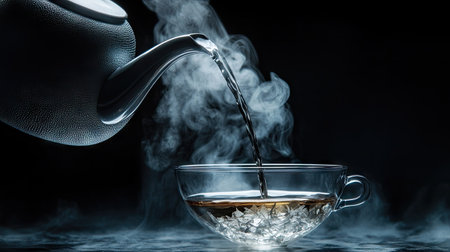 A close-up of steaming tea being poured from a teapot into a glass cup, with soft light highlighting the drink.の素材