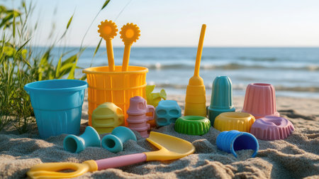 A collection of beach toys for kids, including a yellow rake, blue bucket, and various molds, arranged on the sand with the ocean in the distance.の素材