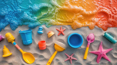 A colorful assortment of beach toys for children, including sandcastle molds, a bucket, and a shovel, laid out on the beach.の素材