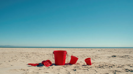 A collection of beach toys for kids, such as a red bucket, shovel, and molds, laid out neatly on the sand under a clear sky.の素材